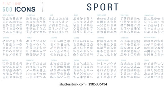 Collection of vector line icons of sport. Icons of active lifestyle, hobbies, sports equipment and clothing. Set of flat signs and symbols for web and apps.