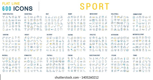 Collection of vector line icons of sport. Icons of active lifestyle, hobbies, sports equipment and clothing. Set of flat signs and symbols for web and apps.