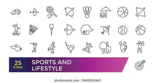 Collection of vector line icons of the sport and lifestyle. Icons of active hobbies, sports equipment. Set of flat signs and symbols.