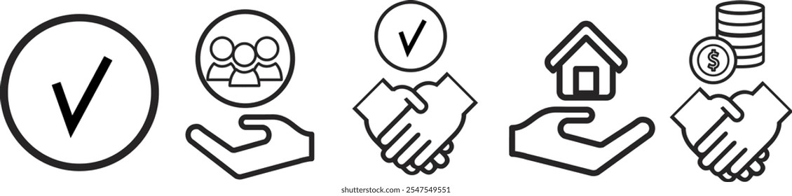 A collection of vector line icons symbolizing trust, confidence, and trustworthiness, designed in a thin line style on a white background. Vector illustration.