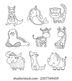Collection of vector linear black and white cute illustrations for children's coloring books and Pages with animals, birds, fishes and others.