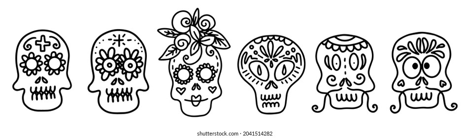 Collection of vector linear illustrations of decorated skulls of different types on white background for Halloween celebration concept designs