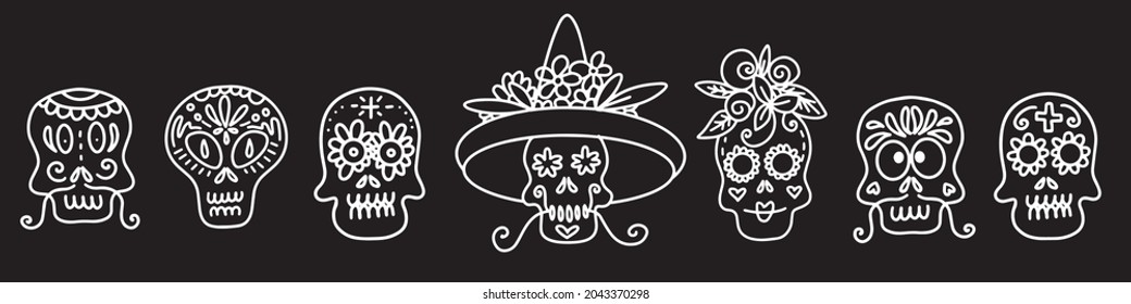 Collection of vector linear illustrations of decorated skulls of different types on black background for Halloween celebration concept designs