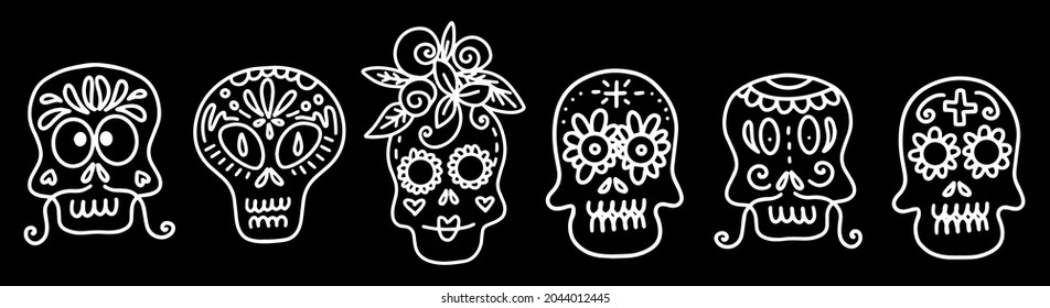 Collection of vector linear illustrations of decorated skulls of different types on black background for Halloween celebration concept designs