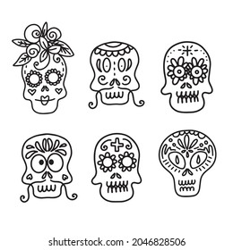 Collection of vector linear illustrations of decorated skulls of different types on white background for Halloween celebration concept designs