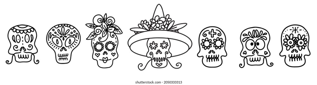 Collection of vector linear illustrations of decorated skulls of different types on white background for Halloween celebration concept designs