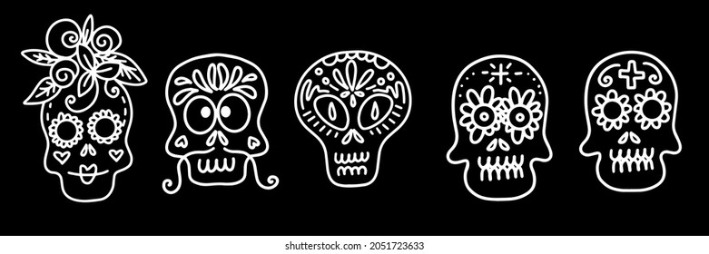 Collection of vector linear illustrations of decorated skulls of different types on black background for Halloween celebration concept designs