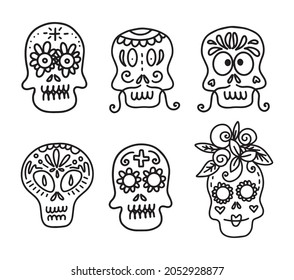 Collection of vector linear illustrations of decorated skulls of different types on white background for Halloween celebration concept designs