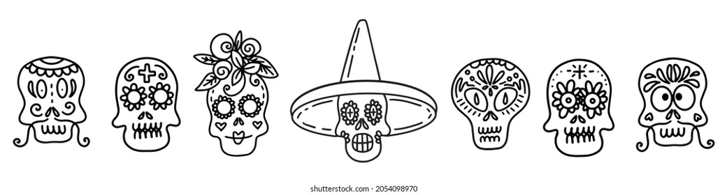 Collection of vector linear illustrations of decorated skulls of different types on white background for Halloween celebration concept designs