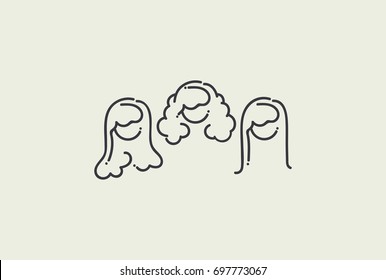 Collection of vector linear woman portraits heads for avatars - 3 different hair types: straight, wavy, curly. Simple lineart portraits for web and chat or hair salon logo and decor.