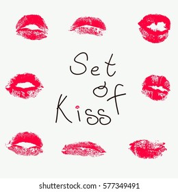Collection of vector lips. The kiss prints on gray background