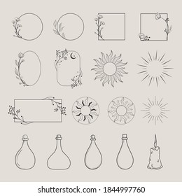 Collection of vector logo design elements, decorative geometric floral frames, borders, wreaths, sunburst, rays, beams, bottles, elegant illustrations. Trendy Line drawing, lineart style