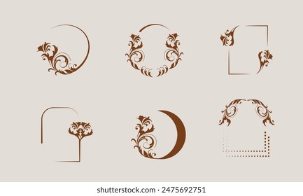 Collection of vector logo design elements, geometric floral frames, borders, wreaths, detailed decorative illustrations. trendy line drawing,