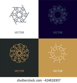 Collection of vector logo design templates and monograms . Abstract round elements. Set of creative symbols in trendy linear style. Golden and blue colors. 