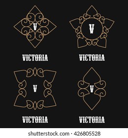 Collection of vector logo design templates and monograms . Abstract decorative mono line elements. Set of creative symbols in trendy linear style. Golden  colors. 