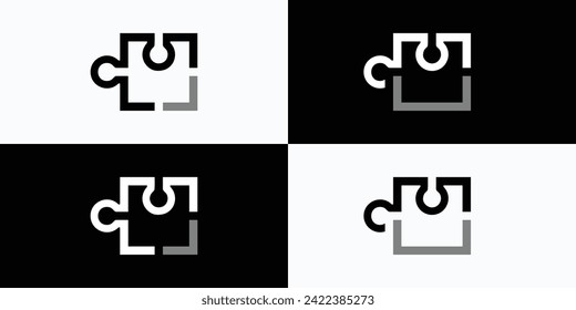 Collection of vector logo design variations in geometric rectangular line puzzle shapes.