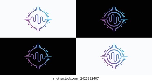 Colección de variaciones de diseño del logotipo vectorial, ilustración de una línea de onda de sonido y un ecualizador que la rodea.