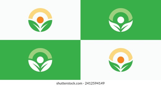 Collection of vector logo designs of people shapes with green leaves and sun