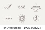 Collection of vector logos with Ancient Greek Aesthetics, modern logotypes, Olympic Greek Gods emblems, symbols. Hand drawn vector illustration, linear style, line drawing.