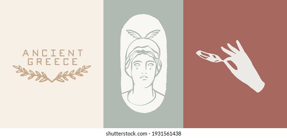 Collection of vector logos with Ancient Greek Aesthetics. Olive branch logotype. Portrait of Hera symbol. Hand with feather. Hand drawn vector illustration, linear style, line drawing.