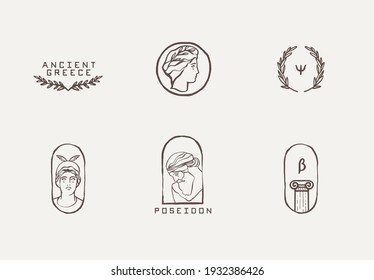 Collection Of Vector Logos With Ancient Greek Aesthetics, Modern Logotypes, Olympic Greek Gods Emblems, Symbols. Hand Drawn Vector Illustration, Linear Style, Line Drawing.