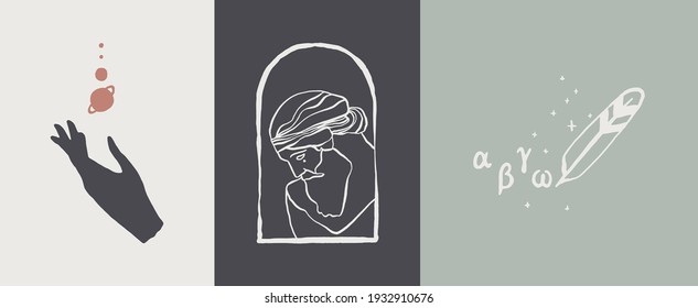 Collection of vector logos with Ancient Greek Aesthetics. Logotype with portrait of Poseidon. Hand with flying planets. Magic writhing feather. Hand drawn vector illustration, linear style.