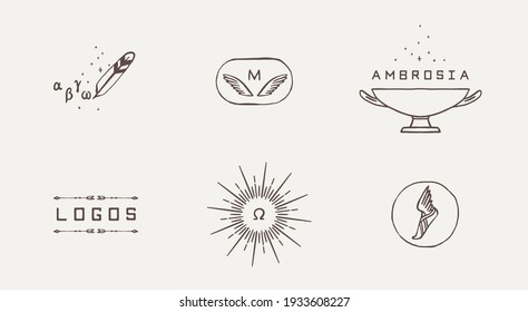 Collection of vector logos with Ancient Greek Aesthetics, modern logotypes, Olympic Greek Gods emblems, symbols. Hand drawn vector illustration, linear style, line drawing.