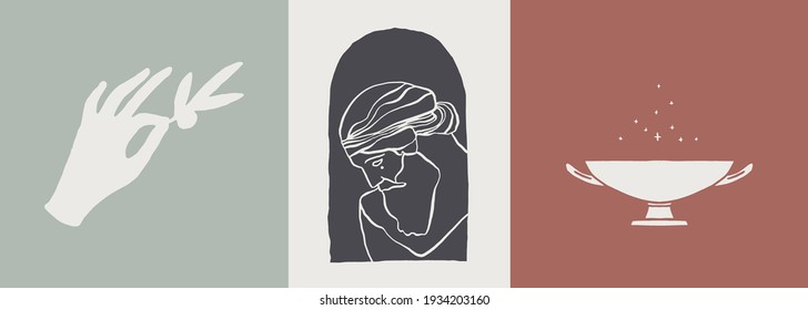 Collection of vector logos with Ancient Greek Aesthetics. Logotypes with hand holding olive branch, Poseidon portrait, magic bowl. Hand drawn vector illustration.