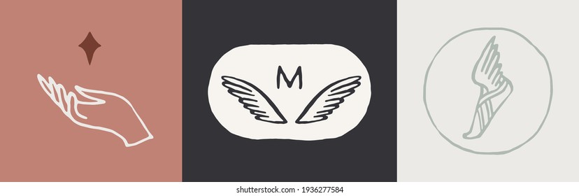 Collection of vector logos with Ancient Greek Aesthetics. Logotype with hand holding star, monogram, The Winged Sandals of Hermes. Hands with triangle. Hand drawn vector illustration.