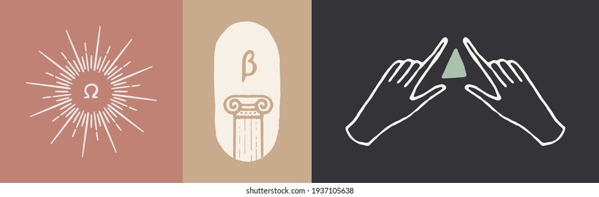 Collection of vector logos with Ancient Greek Aesthetics. Logotype templates with omega and beta symbols, pillar, sunburst, hands with triangle. Hand drawn vector illustration, linear style.