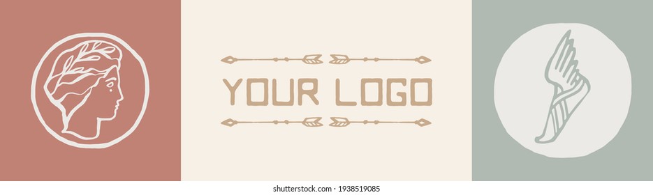 Colección de logotipos vectoriales con la antigua estética griega. Logotipo con retrato de dios griego. Símbolo de las sandalias aladas de Hermes. Plantilla de logotipo con flechas. Ilustración vectorial dibujada a mano.