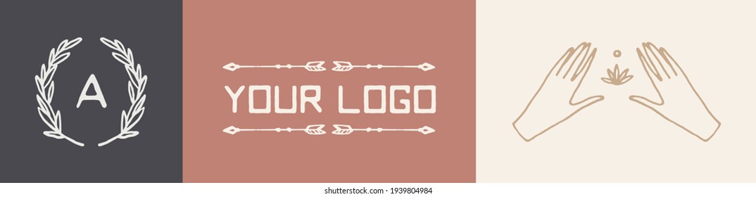 Collection of vector logos with Ancient Greek Aesthetics. Logotype templates with wreath and alpha symbol, arrows, hands with lotos. Hand drawn vector illustration, linear style.