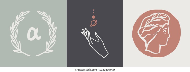 Collection of vector logos with Ancient Greek Aesthetics. Wreath with Alpha symbol. Logotype with portrait of Greek god. Hand with planets. Hand drawn vector illustration, linear style, line drawing.