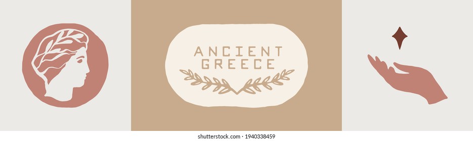 Collection of vector logos with Ancient Greek Aesthetics. Olive branch symbol. Logotype with portrait of Greek god. Hand with a star. Hand drawn vector illustration, linear style, line drawing.