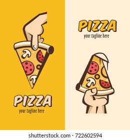 Collection of vector logos in cartoon style. Italian pizza. A slice of hot pizza with mushrooms, sausage, tomatoes and cheese in hand.