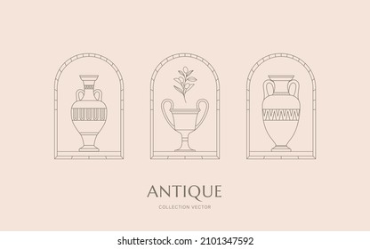 Collection of vector logos with Greek vases, modern logotypes, symbols. Hand drawn vector illustration, line drawing