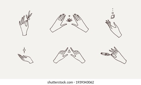 Collection of vector logos with hands, modern gestures feminine logotype, meditation emblems, symbols of care. Hand drawn vector illustration, linear style, line drawing.