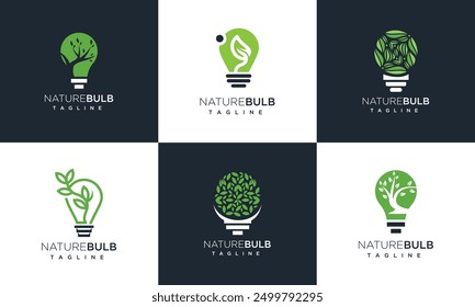 Collection of vector logos of light bulbs with leaves. Creative natural energy symbol icons.	