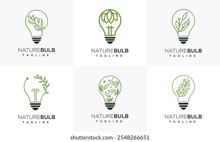 Colección de logotipos de Vector de bombillas con hojas. Iconos creativos del símbolo de la energía natural.	