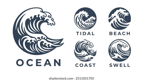 Collection of vector logos showcasing breaking ocean waves. Perfect for coastal themes, surfing businesses, or ocean-related projects for various design needs.