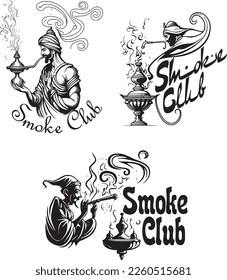 Collection of vector logos of smoking club with hookah and  the symbol of the spirit of the lamp of Aladdin - Genie