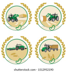 Collection of vector logos. Tractors in the field harvest with love. There is rye or oats on the frame.