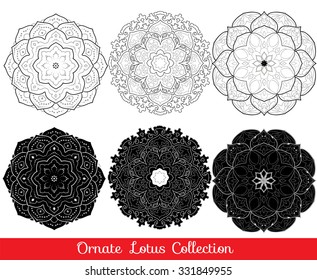 collection of vector lotus mandala graphic outline silhouette shape illustration, Lace background.