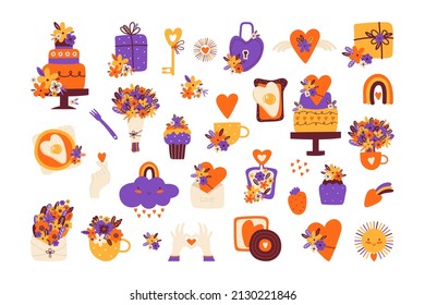 Collection vector love items, stickers, symbols for Valentine's Day, wedding. Romantic doodle icons pack. Hand drawn heart, cake, gift, flowers, lock, golden key,  fried eggs, cupcake, love gestures