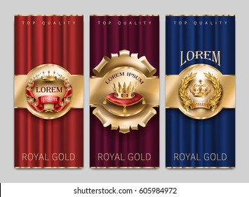 A collection of vector luxury decorative banners with gold crowns and laurel wreaths.