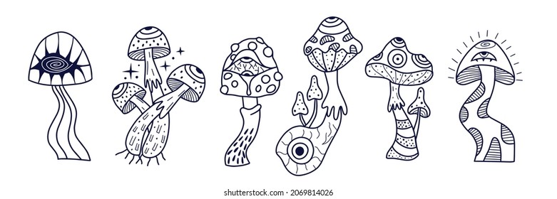 Collection of vector magic mushrooms in monochrome style. Psychedelic concept. All elements are isolated on white background. 