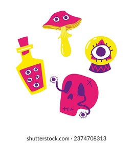 Collection of vector magic mushrooms. Psychedelic concept skull, a magic potion and a jar with eyes. All elements are isolated on white background
