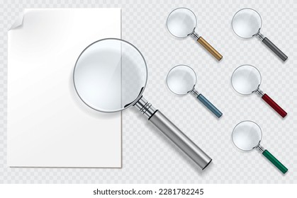 Collection of vector magnifying glasses with transparent glass surface. Business object Isolated on light background