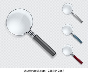 Collection of vector magnifying glasses with transparent glass surface. Business object Isolated on light background