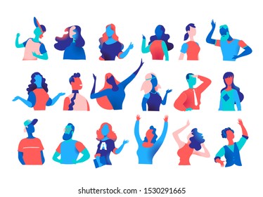 Collection of vector male and female characters in different poses expressing various emotions for character animation. Company men women avatars isolated on white background. Vector illustration